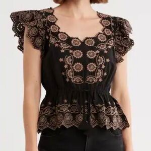 Democracy NWT Embroidered Eyelet Flutter Sleeve Peplum Top Size Large Boho Chic